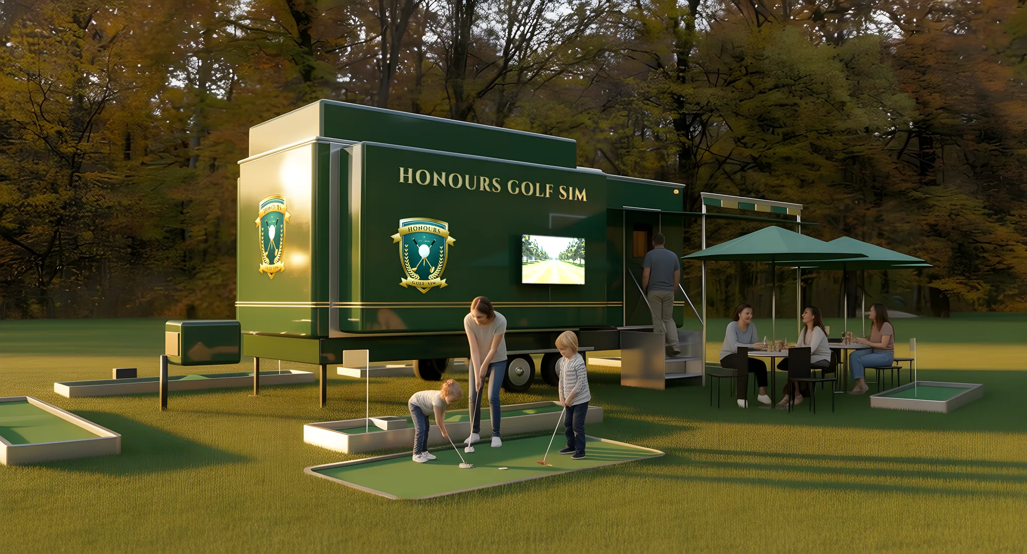Honours Golf Sim trailer with slide-outs open, families playing mini golf and guests at tables