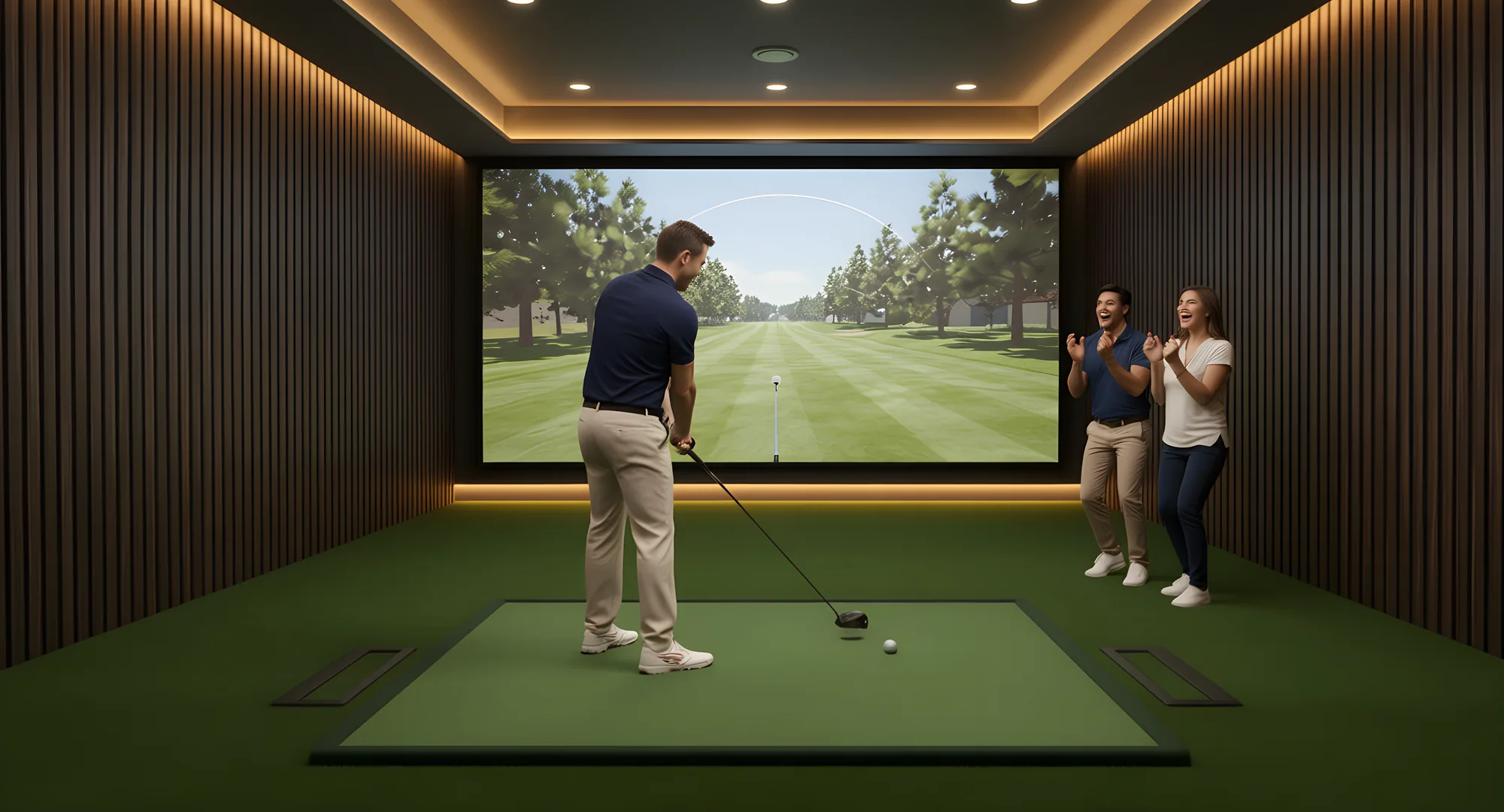 Inside the Honours Golf Sim trailer: golfer mid-swing in front of the impact screen