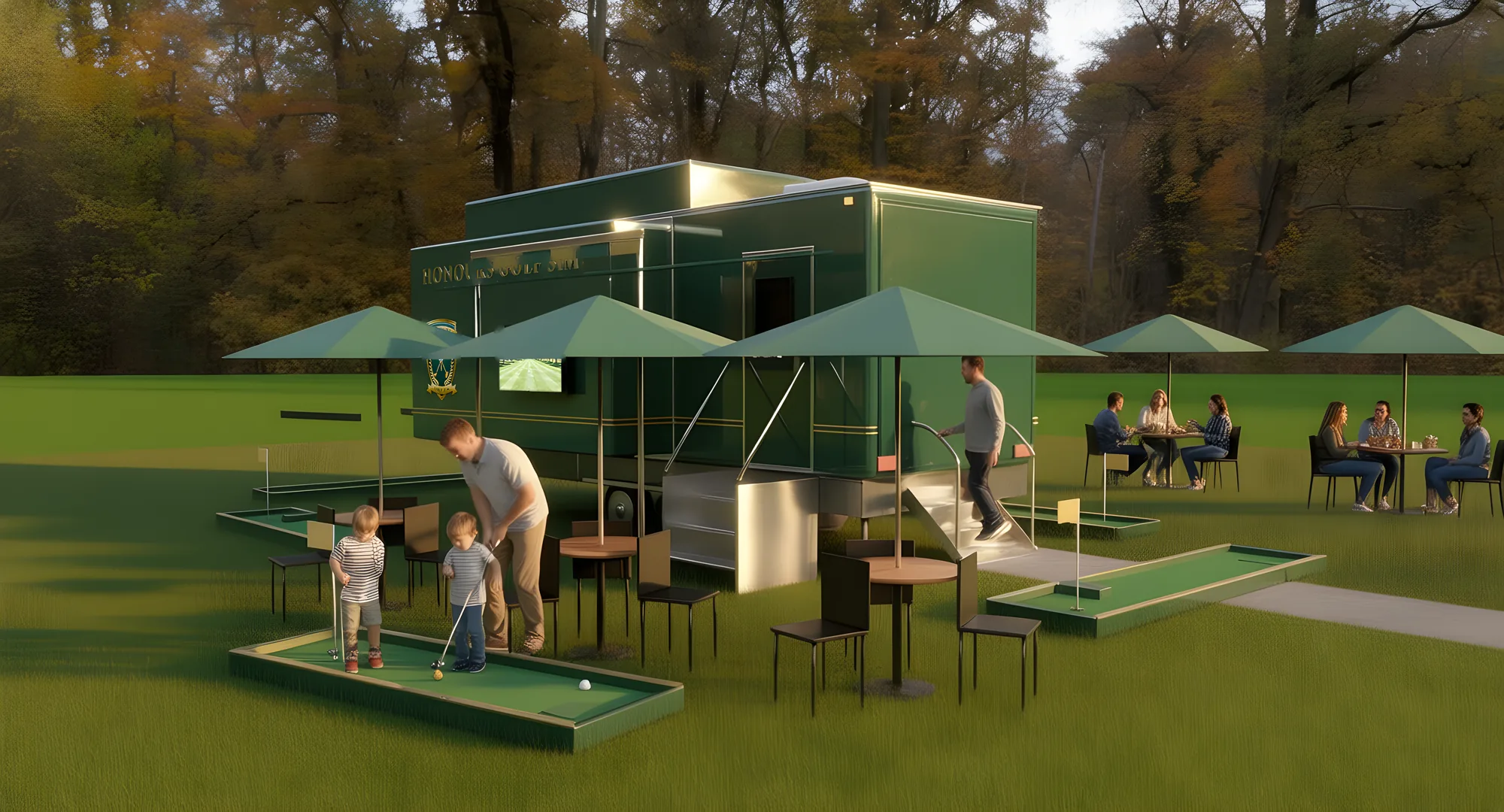 Guests at tables and kids playing mini golf around the trailer